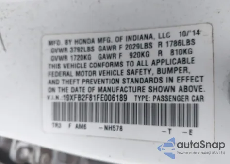 2015 Honda Civic Ex из США, поврежденный, VIN 19XFB2F81FE006189